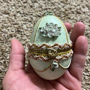 Rare Vintage Limoges France Pale Green & Gold Egg Trinket – Hand-Painted Floral